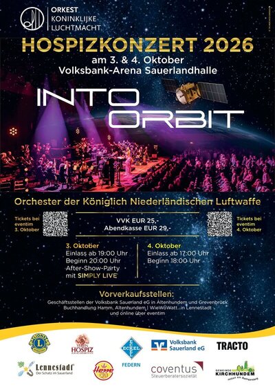 Hospizkonzerte in Lennestadt: Orchester der K�niglich Niederl�ndischen Luftwaffe mit �Into Orbit� in der Sauerlandhalle